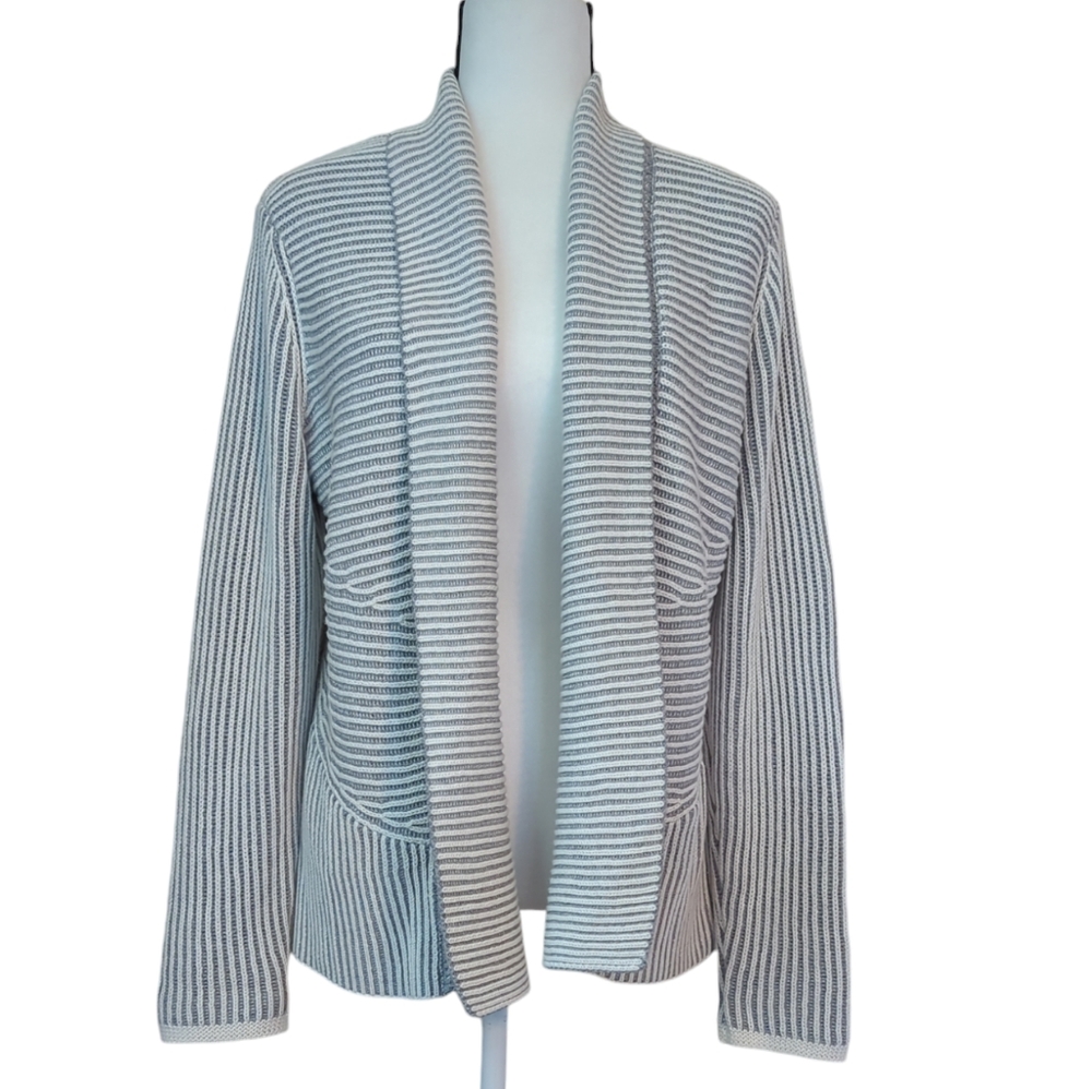Coldwater Creek Striped Open Front Cardigan Sweater PM Gray Off White